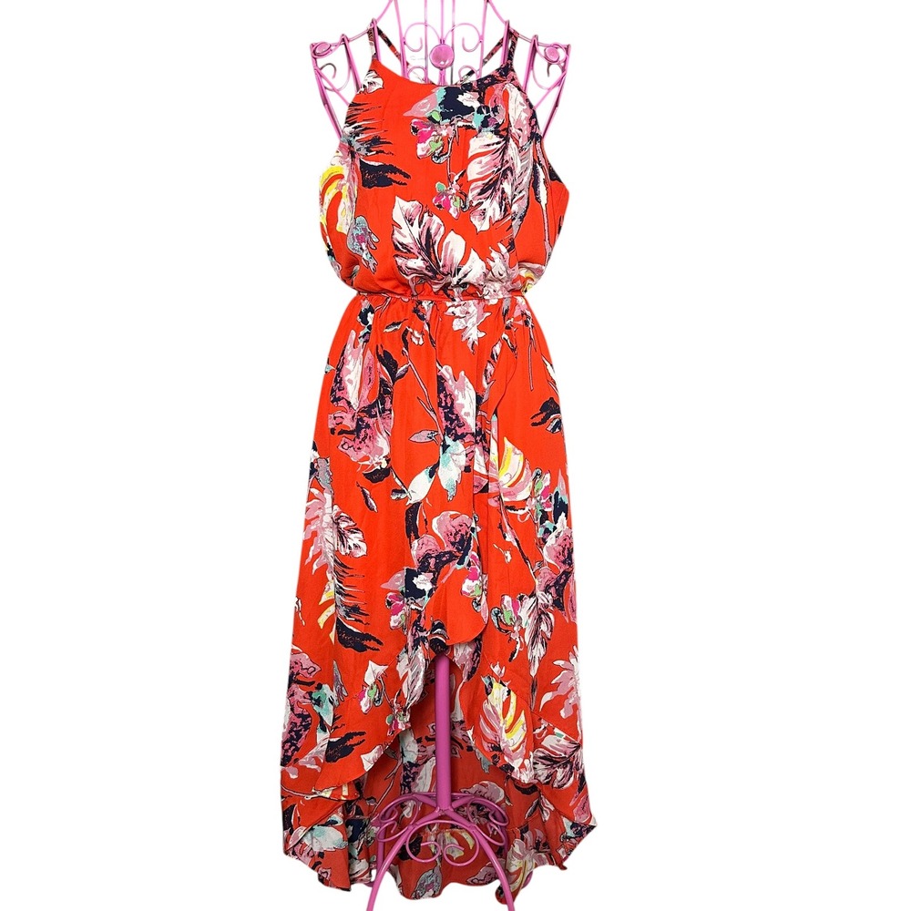 She + Sky Y2K Floral Festival High-Low Maxi Dress Boho Summer Orange Red‎ Size S